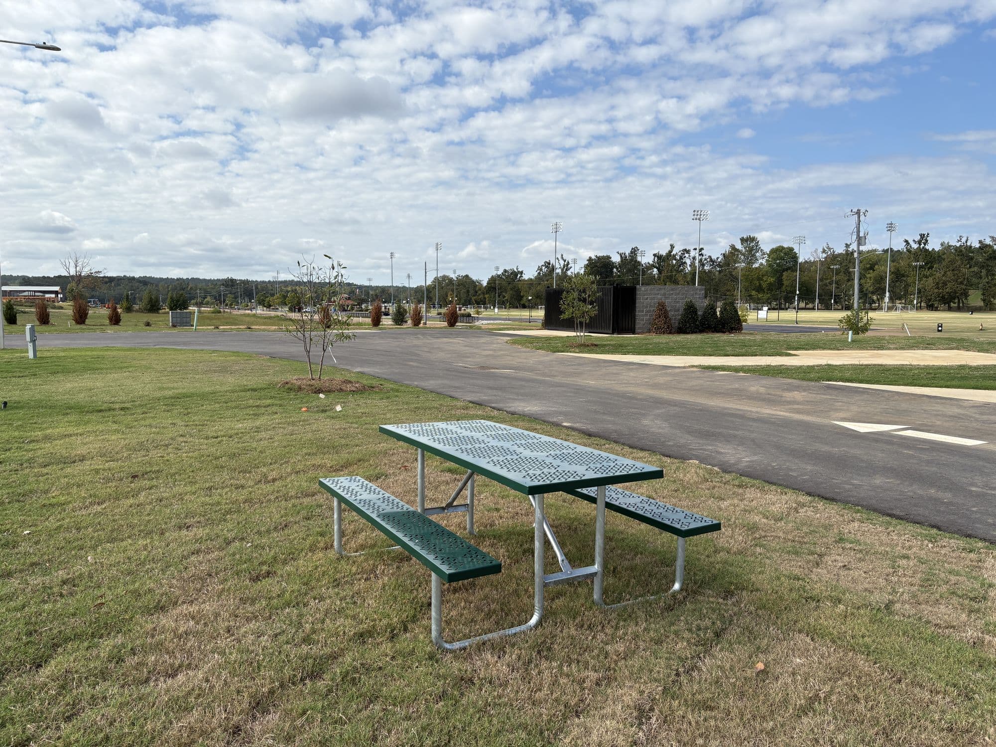 A green metal picnic table on the grass beside a site, next to the paved loop